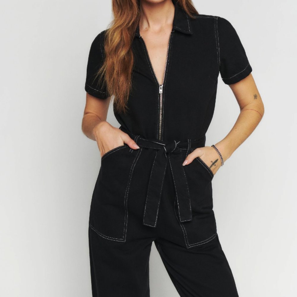 Reformation Cassidy Black Denim Jumpsuit, Size 10 - Picture 6 of 9